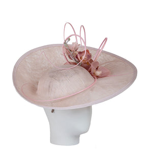 high end hat, pink decorative hat on a white stand with a white background