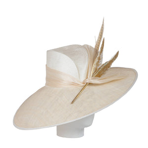 Beige hat with a feather on a white background
