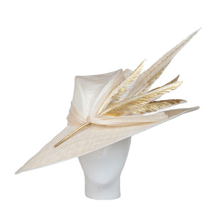 Derby day hat, Beige hat with gold feathers on a white background