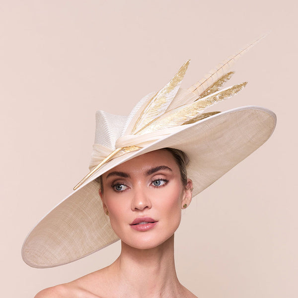 Women's kentucky derby hat. Beige wide brim hat  with feather detail