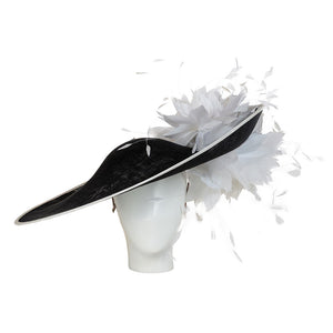 A black and white ladies derby hat, a luxury black hat adorned with white feathers