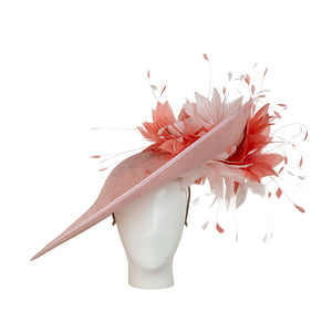 light pink derby hat with coral and pink feathers